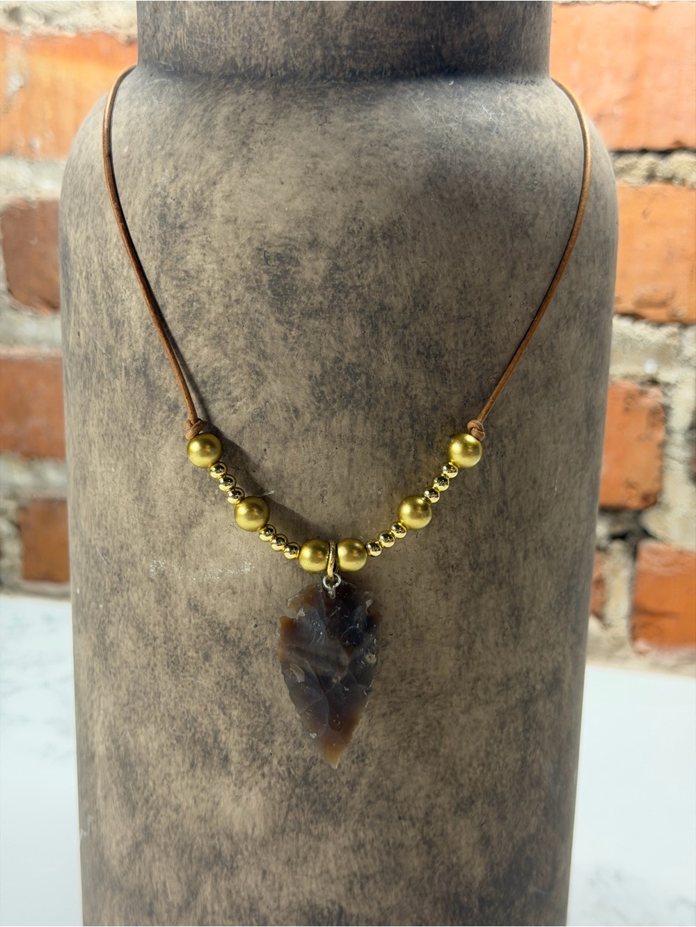 Brown Agate Arrowhead Necklace with Gold Bead Accents
